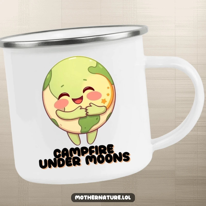 Funny Camping Mug showing a happy Earth character hugging a smiling Moon, perfect for enjoying drinks outdoors.