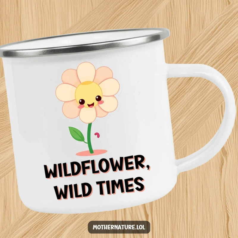 Funny giggling flower character camping mug, dancing with tiny legs, perfect for outdoor adventures and warm drinks.