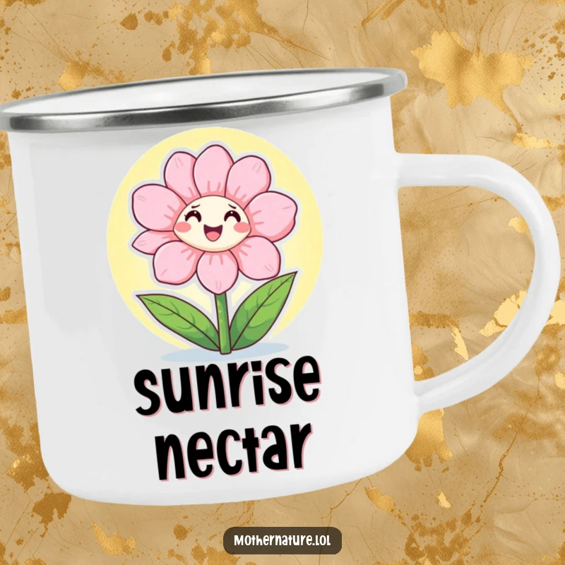 Funny Camping Mug of a happy flower character opening its petals to the warm sunshine, perfect for outdoor enjoyment.
