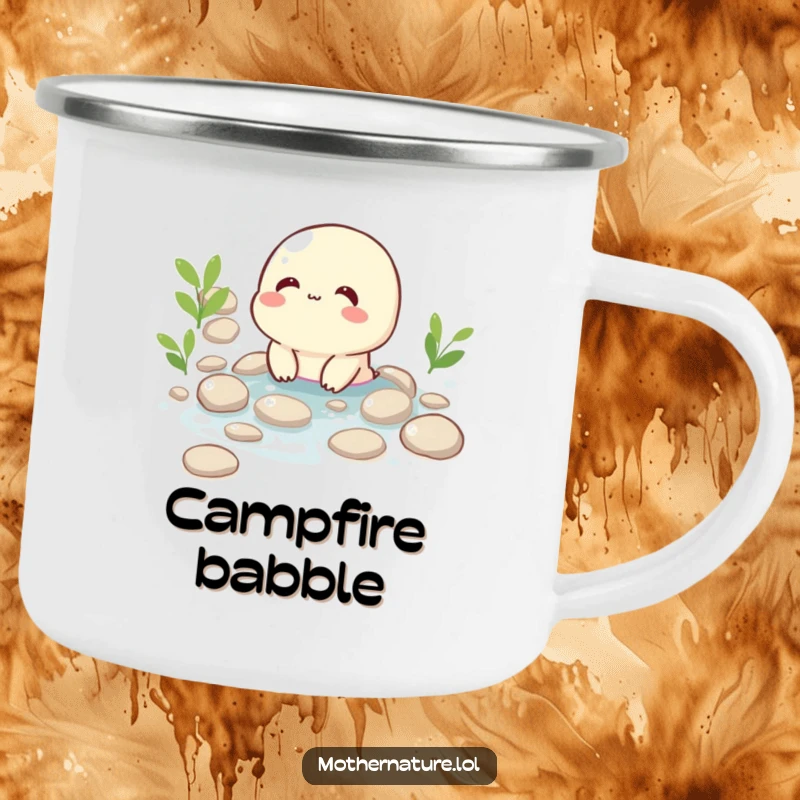 Funny camping mug featuring a happy brook character giggling as it flows over smooth pebbles, perfect for enjoying nature's soundtrack.