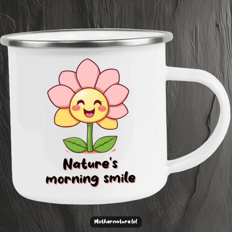Funny Giggling Flower Camp Mug featuring a character unfurling petals to reveal a surprise smiley face, perfect for nature enthusiasts.