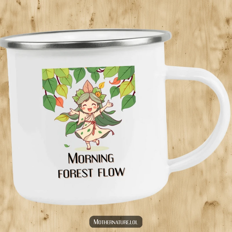 Funny Mother Nature camping mug featuring a joyful character dancing with a whirlwind of leaves, ideal for outdoor enthusiasts.