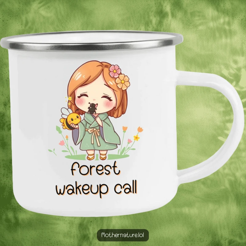 Funny camping mug featuring Mother Nature holding a tiny, buzzing bee, perfect for nature lovers during outdoor adventures.