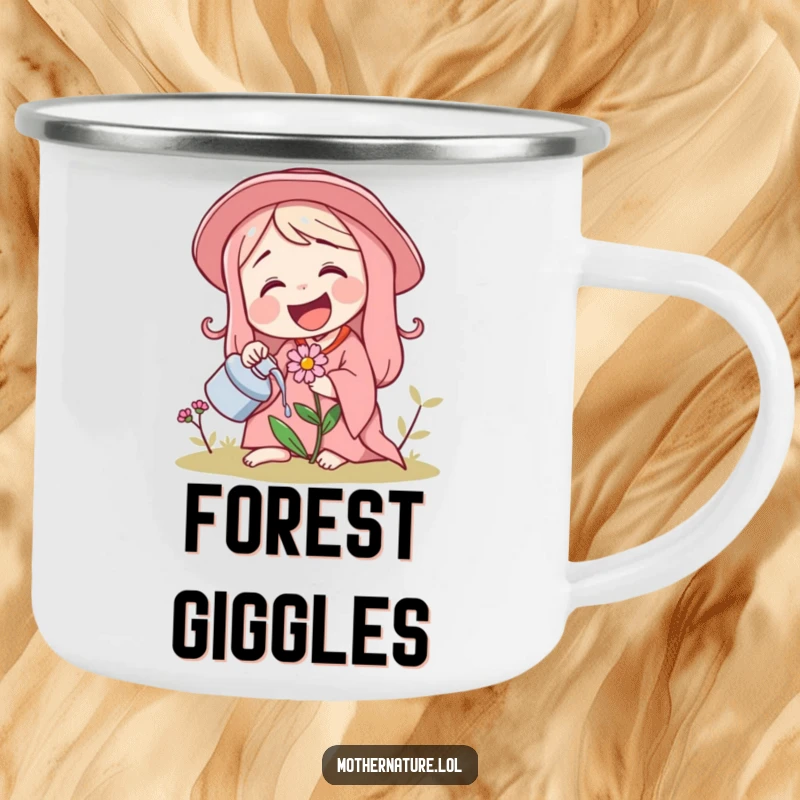 Funny camping mug graphic of Mother Nature laughing while watering a tiny, giggling flower, depicting outdoor joy.