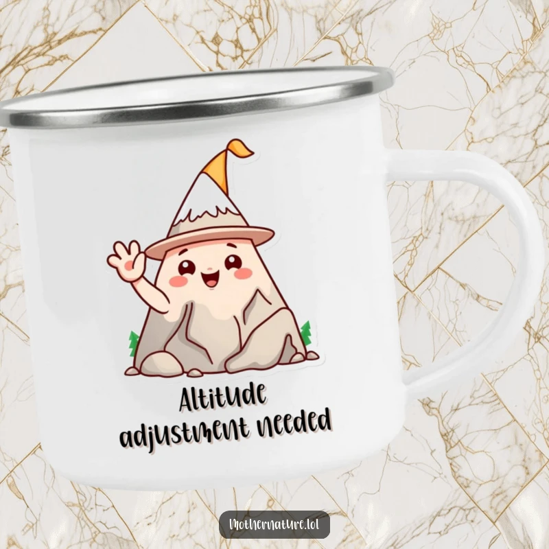 Funny mountain range character camping mug, wearing a silly hat and waving, perfect for outdoor adventures and warm drinks.