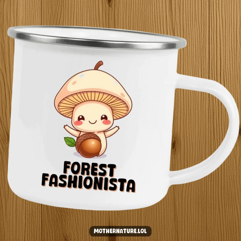 Funny mushroom camping mug, smiling mushroom balancing an acorn, durable outdoor drinkware, whimsical adventure gift.