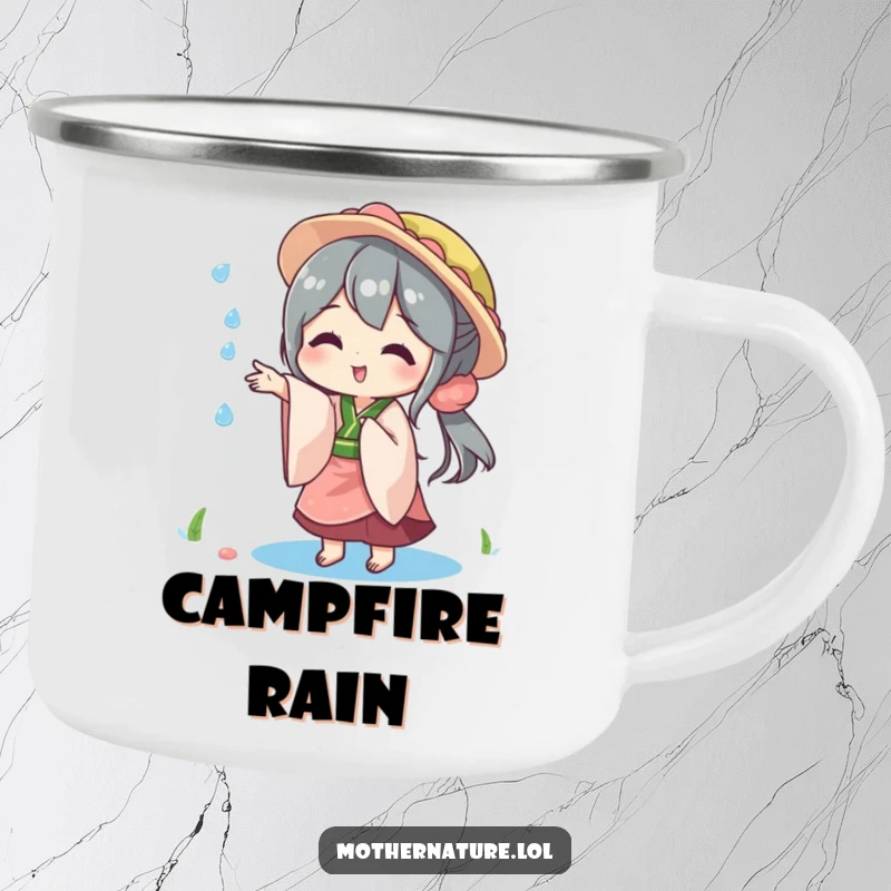 Funny camping mug graphic of Mother Nature playfully tossing a sparkling raindrop, symbolizing outdoor joy and magic.