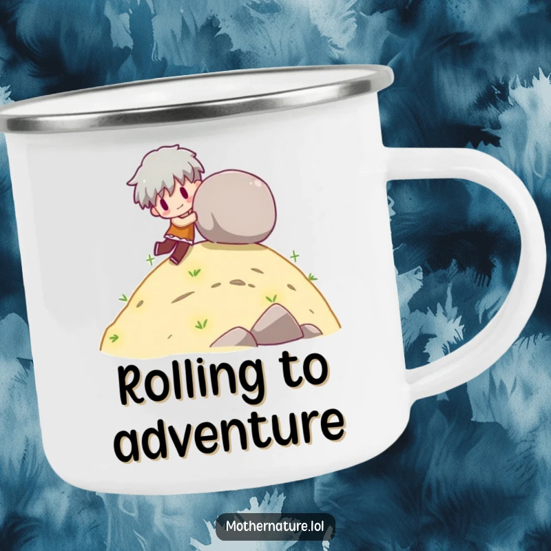 Funny camping mug with a character playfully pushing a rolling boulder down a gentle hill.