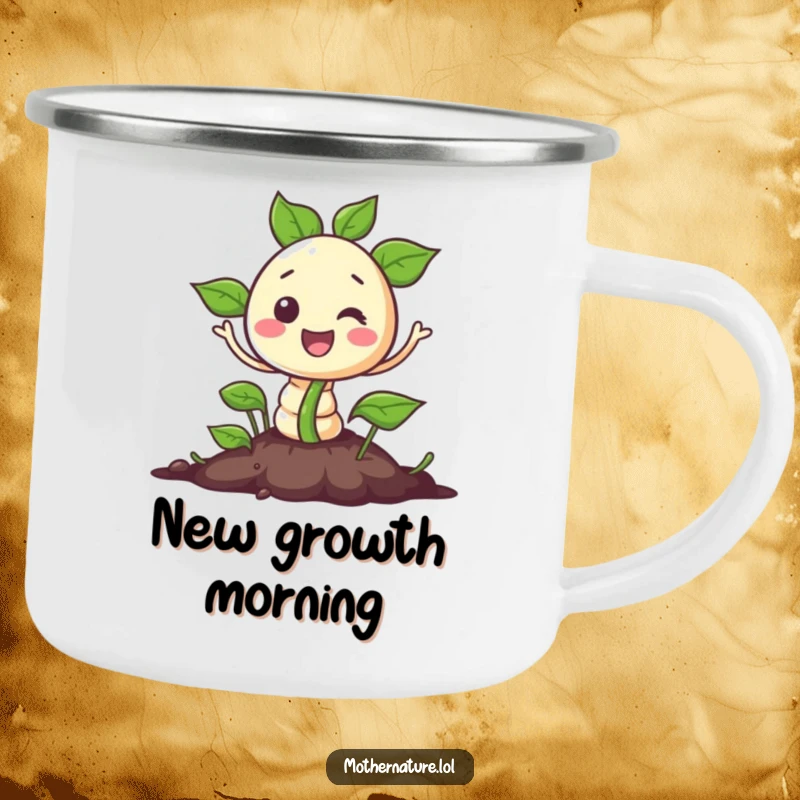 Funny camping mug with a cheerful seed character sprouting out of the ground. Durable and humorous for outdoor use.