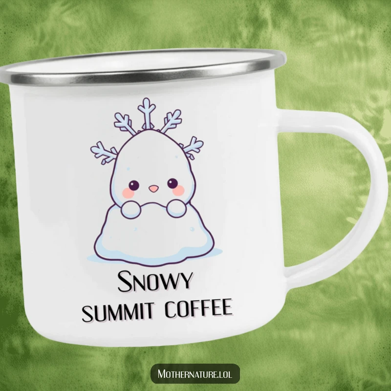 Funny camping mug with a shy snowdrift character peeking from behind a happy snowflake. Perfect for camping.