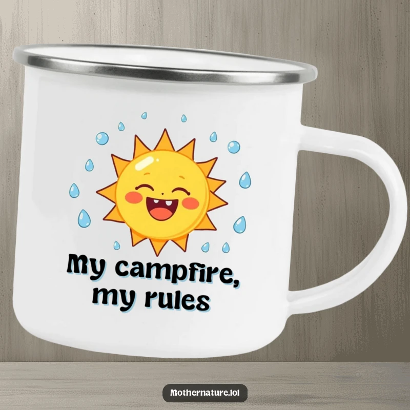 Funny sun character camping mug cheerfully juggling raindrops, perfect for outdoor adventures and warm beverages.