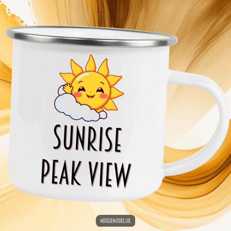 Funny smiling sun character waving enthusiastically from behind a giggling cloud, for a rustic enamel camping mug.