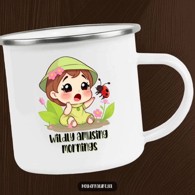 Funny camping mug featuring Mother Nature surprised by a ladybug tickling her, perfect for nature lovers enjoying outdoor fun.