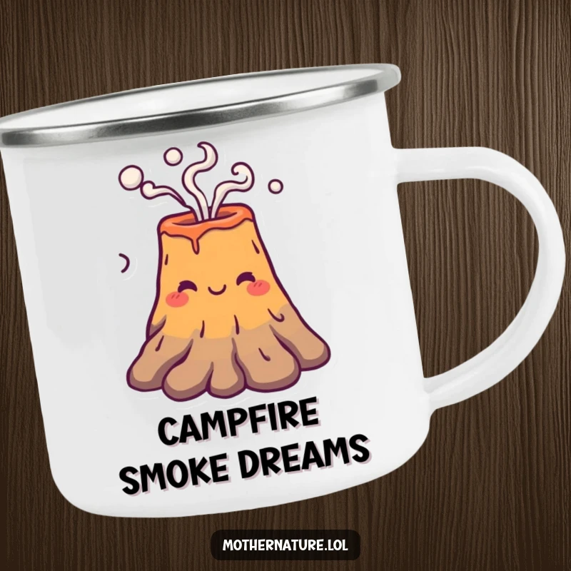 Funny volcano character puffing smoke rings on a rugged enamel camping mug, celebrating cool outdoor moments.
