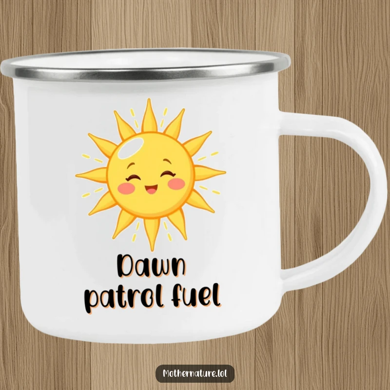 Funny sun camping mug with a winking character showering golden light, perfect for cheerful outdoor sips and warm adventures.