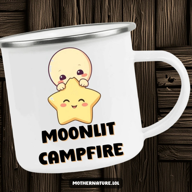 Funny camping mug with a curious moon character and a giggling star. Perfect for the outdoors.