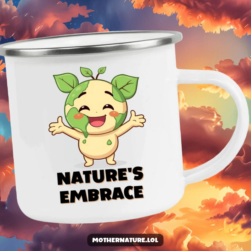 Funny camping mug featuring a smiling Earth character with leafy arms, beaming with joyous surprise, perfect for eco-friendly outdoor sips.