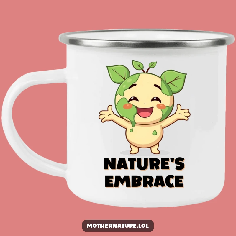 Funny Earth Hug Camp Mug: Smiling Planet Character, Joyous Surprise for Outdoors