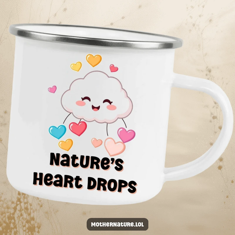 Funny camping mug featuring a tiny, cute cloud character laughing hysterically while raining a delightful cascade of colorful, bouncy heart-shaped raindrops.