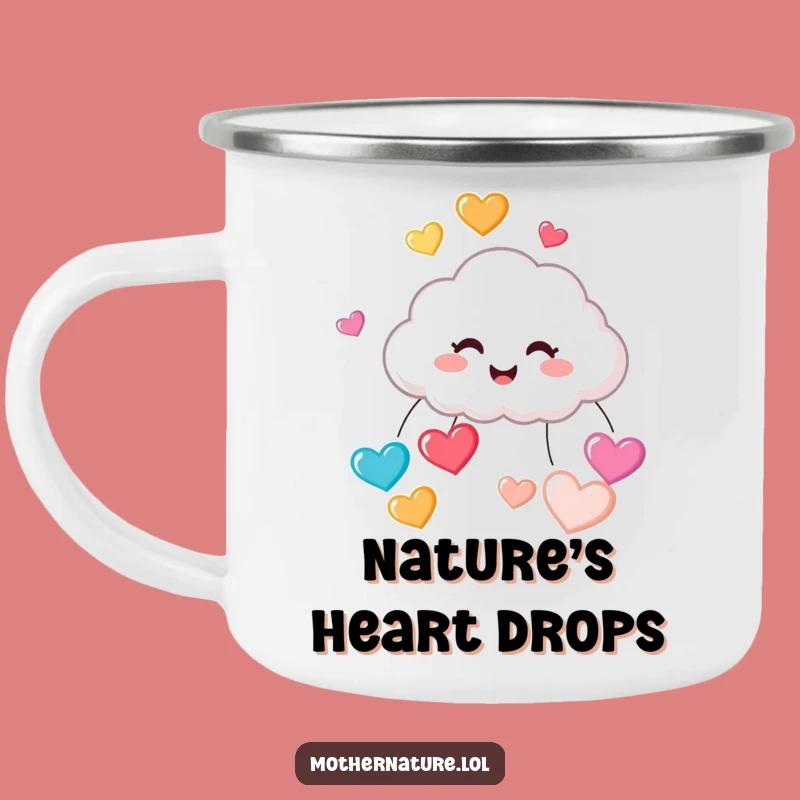 Funny Cloud Raining Hearts Camping Mug: Cute Giggling Character Drinkware, Perfect Funny Gift