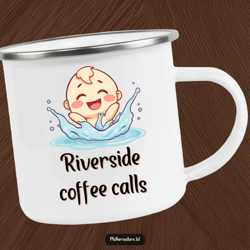Funny smiling river character camping mug, playfully splashing with delight, perfect for outdoor adventures and warm drinks.