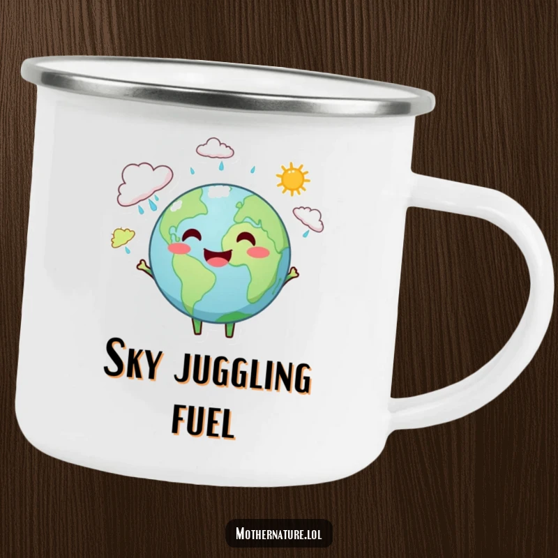 Funny Earth camping mug with a smiling Earth character juggling rain clouds and sunshine, designed for outdoor enthusiasts.