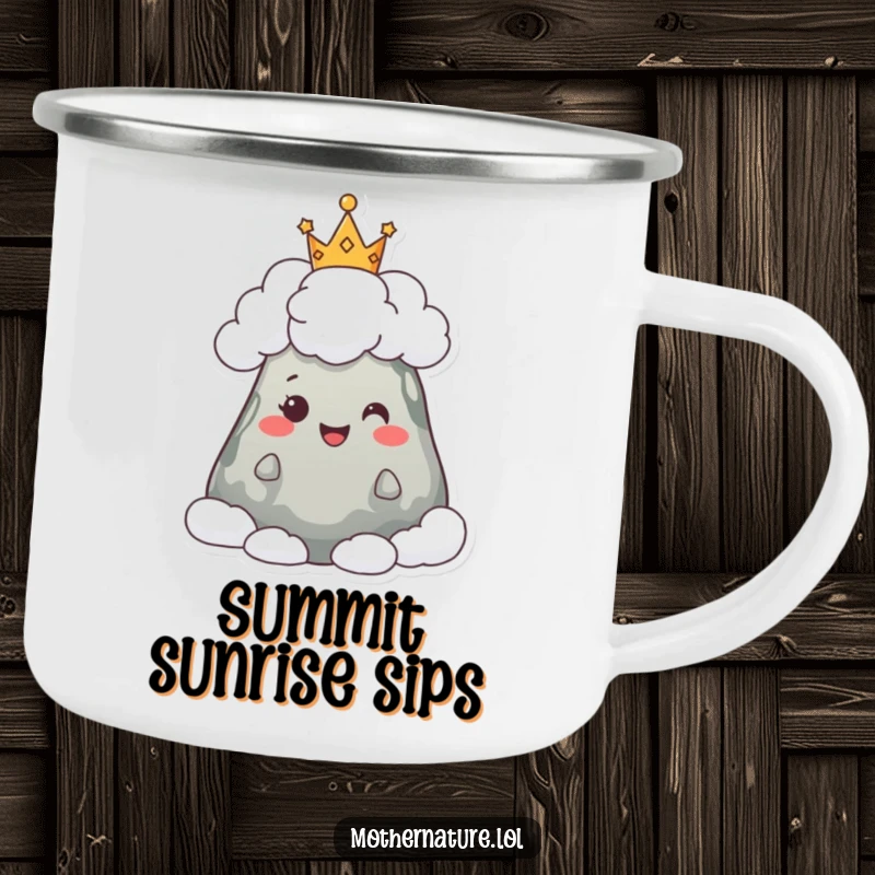 Funny camping mug featuring a happy mountain character wearing a crown of fluffy clouds, perfect for enjoying nature's grandeur.