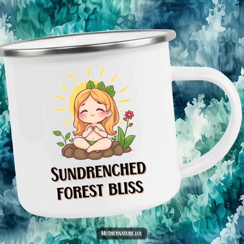 Funny camping mug featuring Mother Nature sunbathing peacefully surrounded by plants, perfect for nature lovers seeking relaxation outdoors.