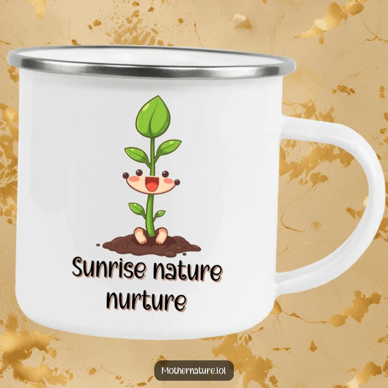 Funny seedling character reaching upwards on a rugged enamel camping mug, celebrating new outdoor adventures.