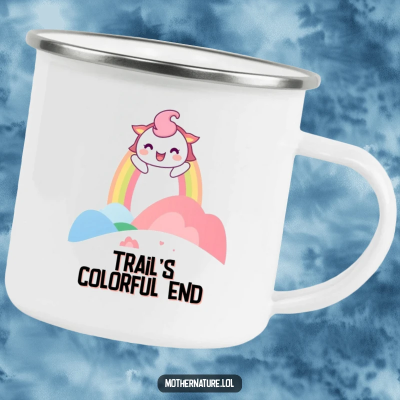 Funny Camping Mug showing a playful rainbow character arching over a laughing landscape, ideal for rugged, happy adventures.