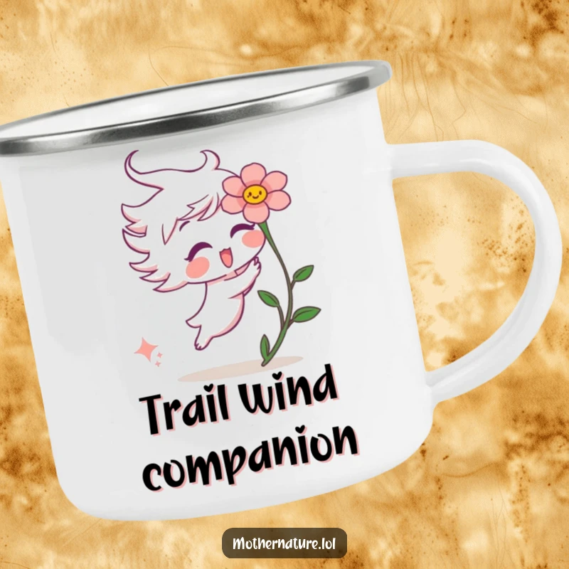 Funny camping mug featuring a playful wind gust character tickling a surprised flower, perfect for enjoying nature with a smile.