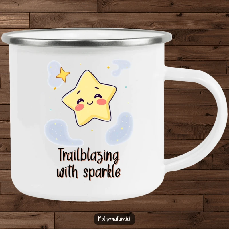 Funny Camping Mug featuring a giggling star character winking from a night sky canvas, ideal for rugged adventures.