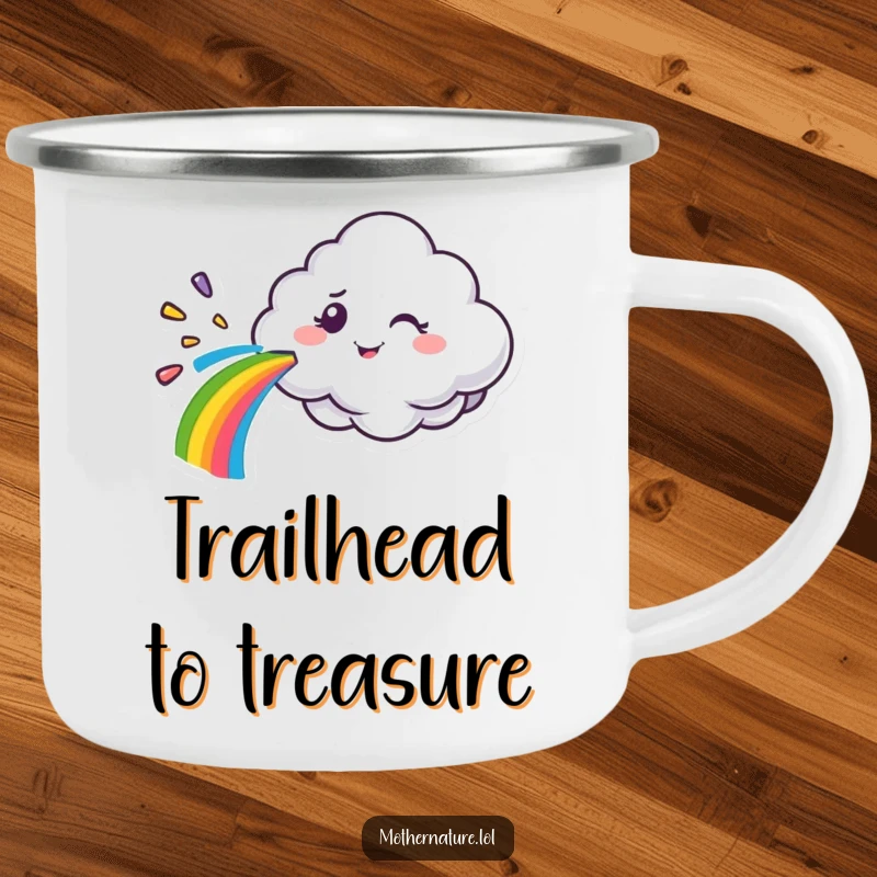 Funny cloud character camping mug, spraying a rainbow with a mischievous wink, perfect for outdoor adventures and colorful drinks.