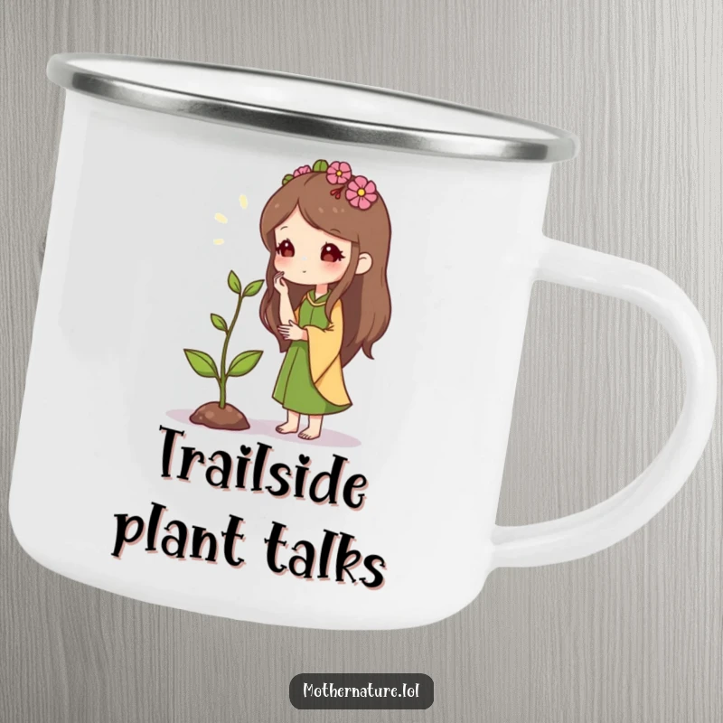 Mother Nature Camping Mug: Character whispering to a sprout, symbolizing growth and nature. Durable and an inspiring gift.
