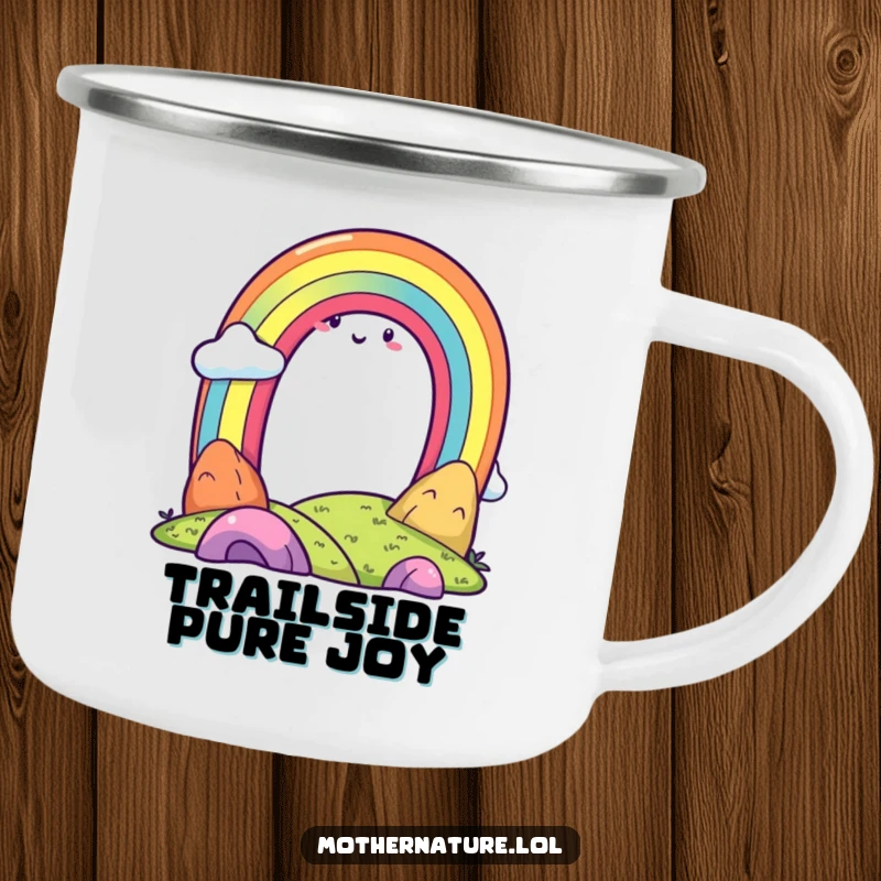 Funny rainbow character and smiling landscape on a rugged enamel camping mug, celebrating outdoor joy.