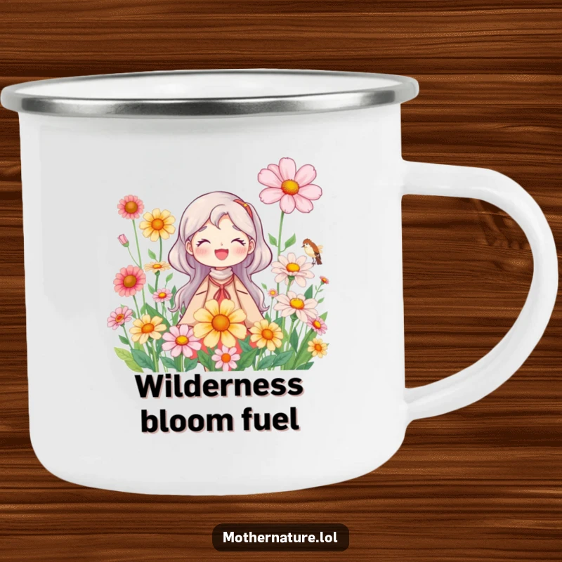 Mother Nature Camping Mug: Smiling character with wildflowers, perfect for enjoying drinks outdoors. Durable and a thoughtful gift.