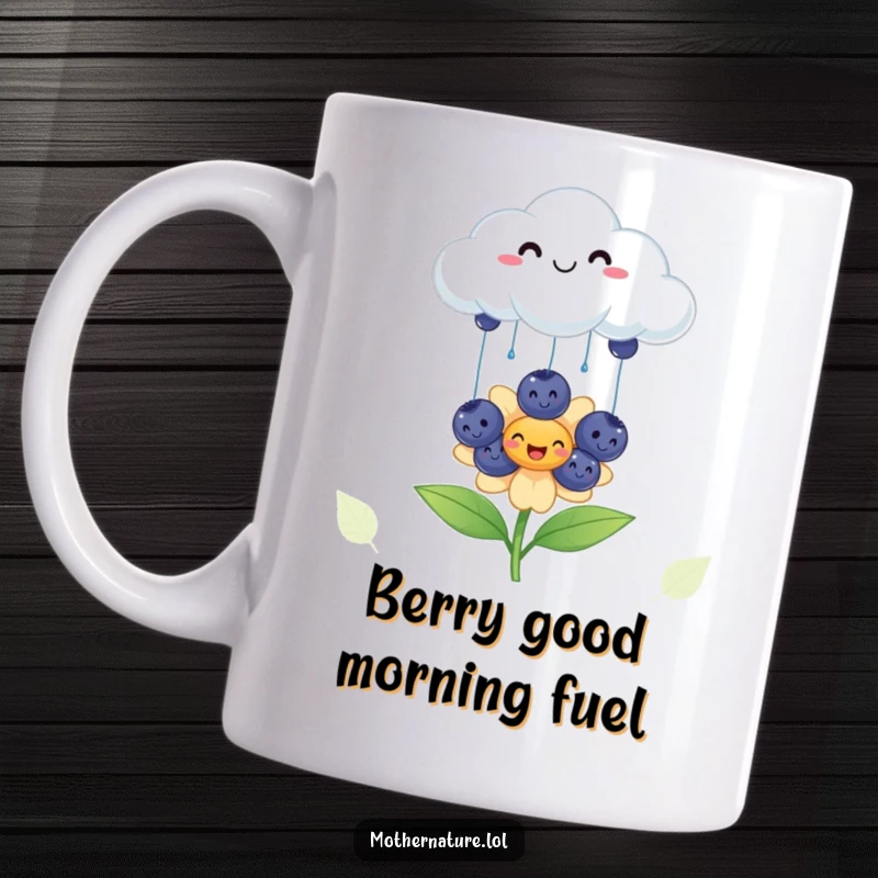 Funny cheerful cloud mug, raining smiling blueberries onto a happy flower, symbolizes joy and nature's bounty, perfect gift.