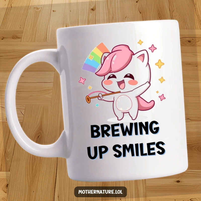 Funny mug with a mischievous character giggling with delight while orchestrating a vibrant rainbow.