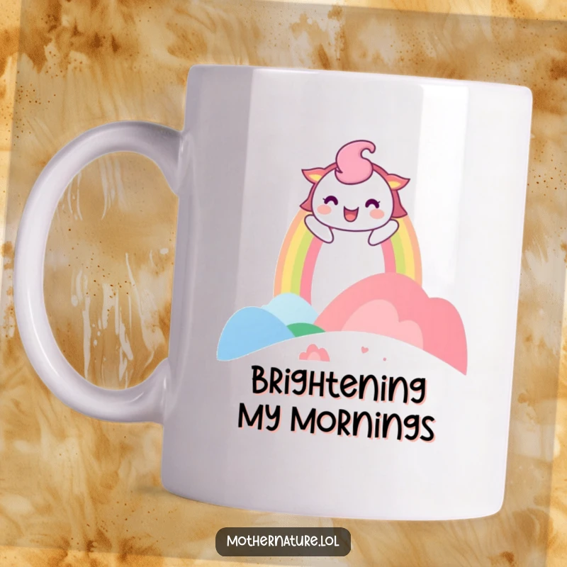 Funny Mug illustrating a playful rainbow character arching gracefully over a brightly laughing landscape, bringing cheerful vibes.
