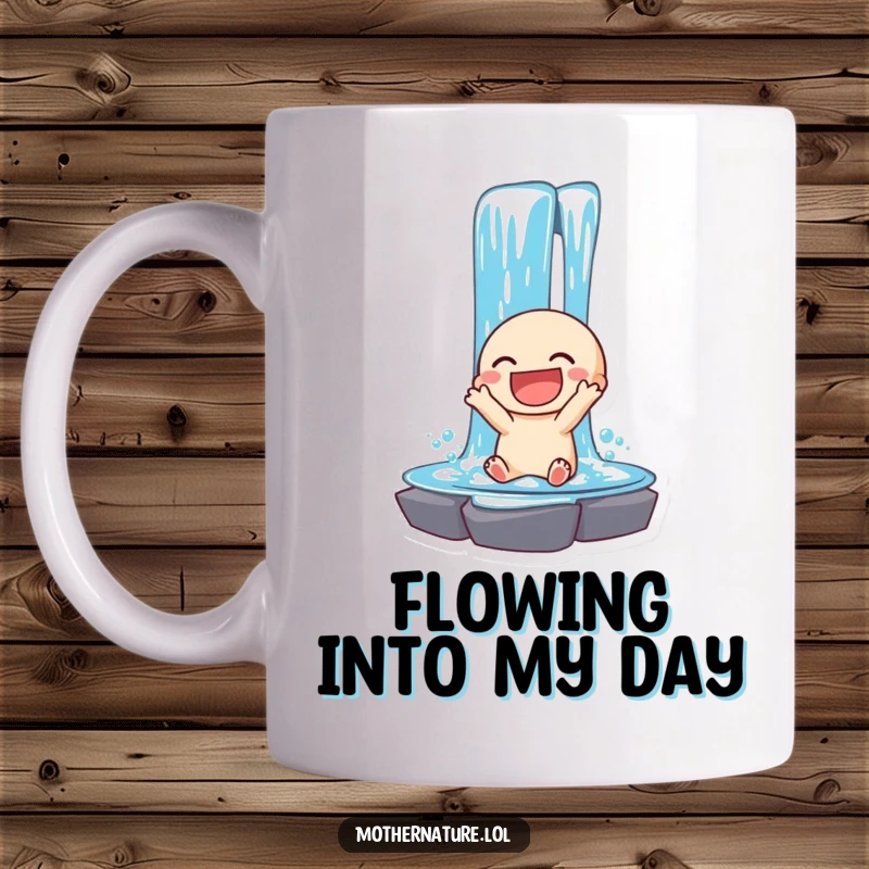 Funny mug with a laughing waterfall character joyfully cascading down. A vibrant depiction of natural bliss.
