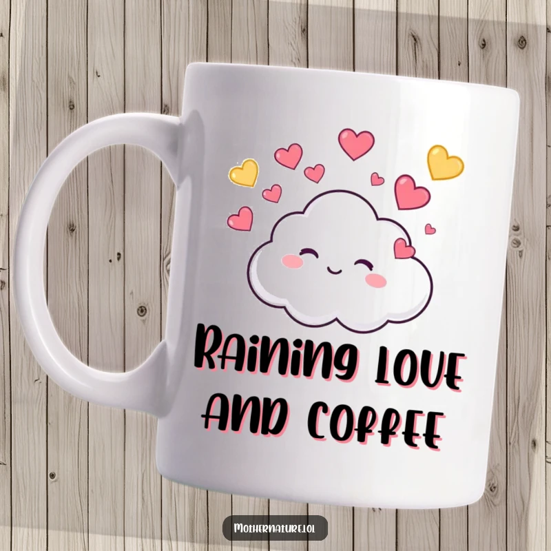 Funny Mug with a tiny, cute cloud character giggling while raining colorful, bouncing hearts, spreading love and joy.