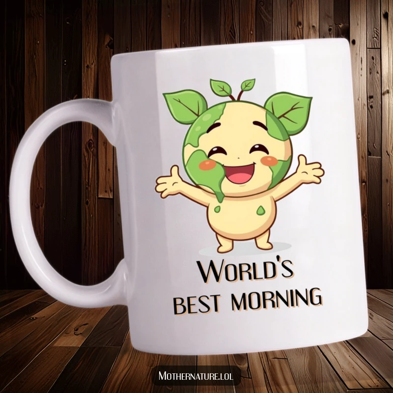 Funny mug showcasing a smiling Earth character with leafy arms open wide, beaming with joyous surprise, a delightful and eco-friendly gift.