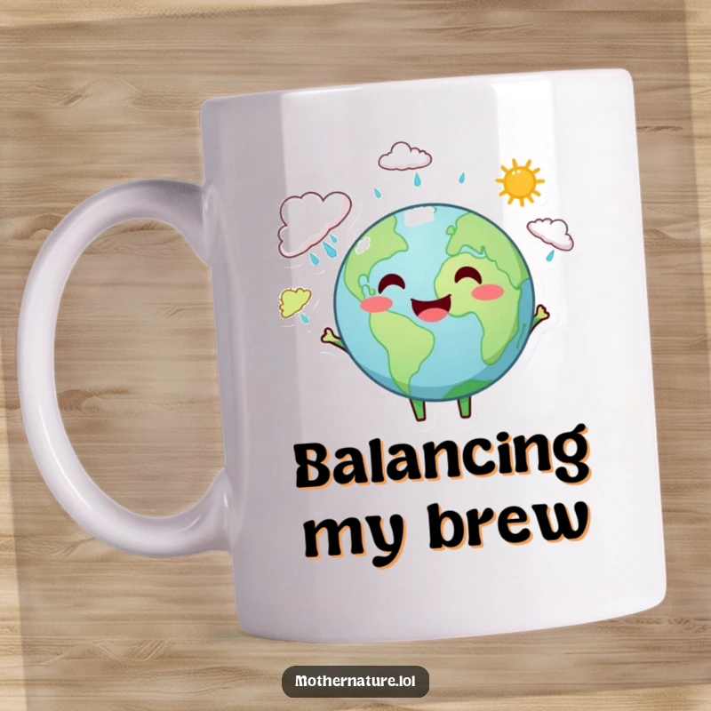 Funny Earth mug showing a smiling Earth character happily juggling small rain clouds and bright sunshine icons.