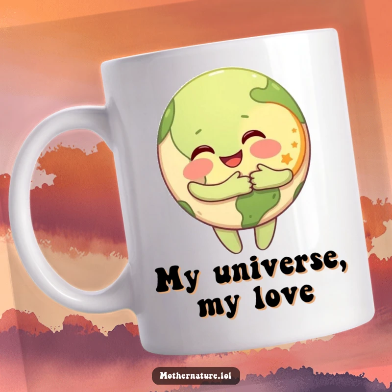 Funny Mug showing a happy Earth character giving a warm hug to a tiny, grinning Moon character, symbolizing cosmic friendship.