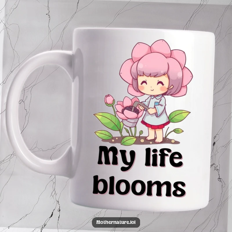 Funny mug with a cute character happily watering a blooming oversized flower, humorous coffee cup for garden lovers.