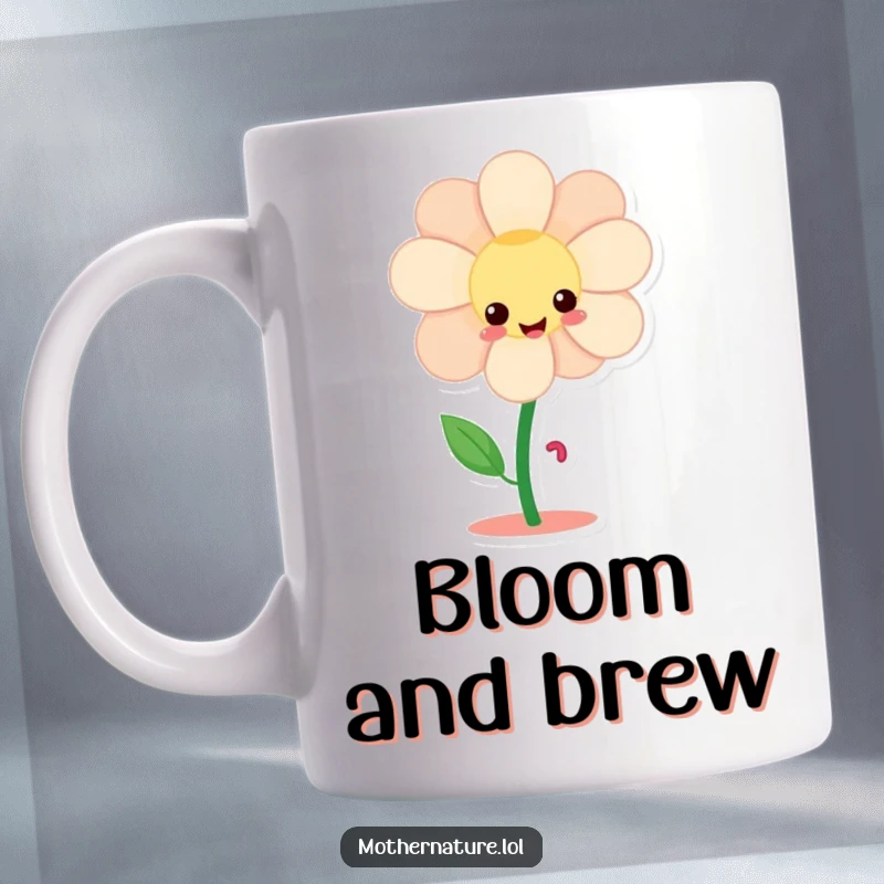 Funny giggling flower character mug, sprouting tiny dancing legs and twirling with pure joy and humor.