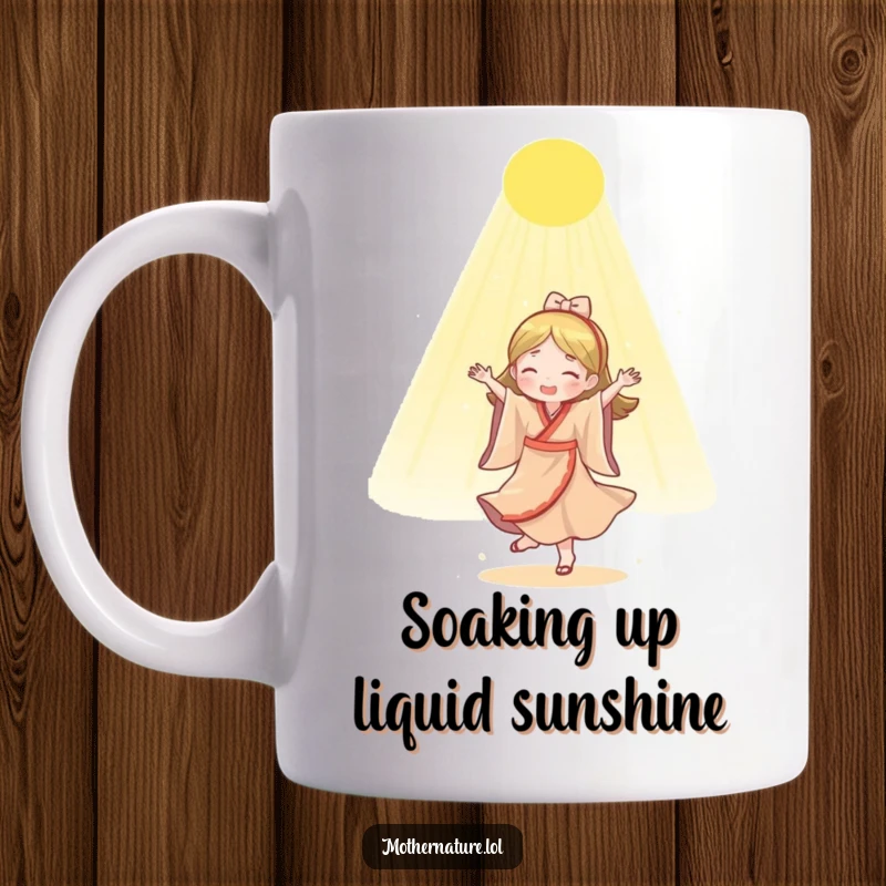 Funny Mother Nature mug featuring a cheerful character dancing joyfully under a warm, golden sunlight shower, radiating happiness.
