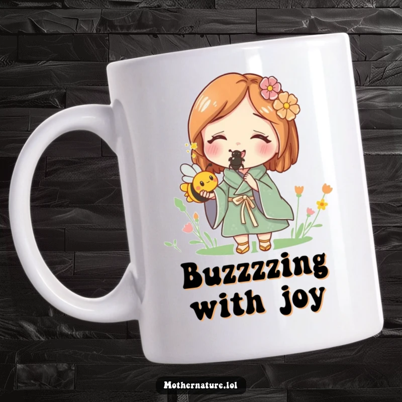 Funny mug showing Mother Nature delightedly holding a small, buzzing bee, celebrating pollination and the small wonders of nature.