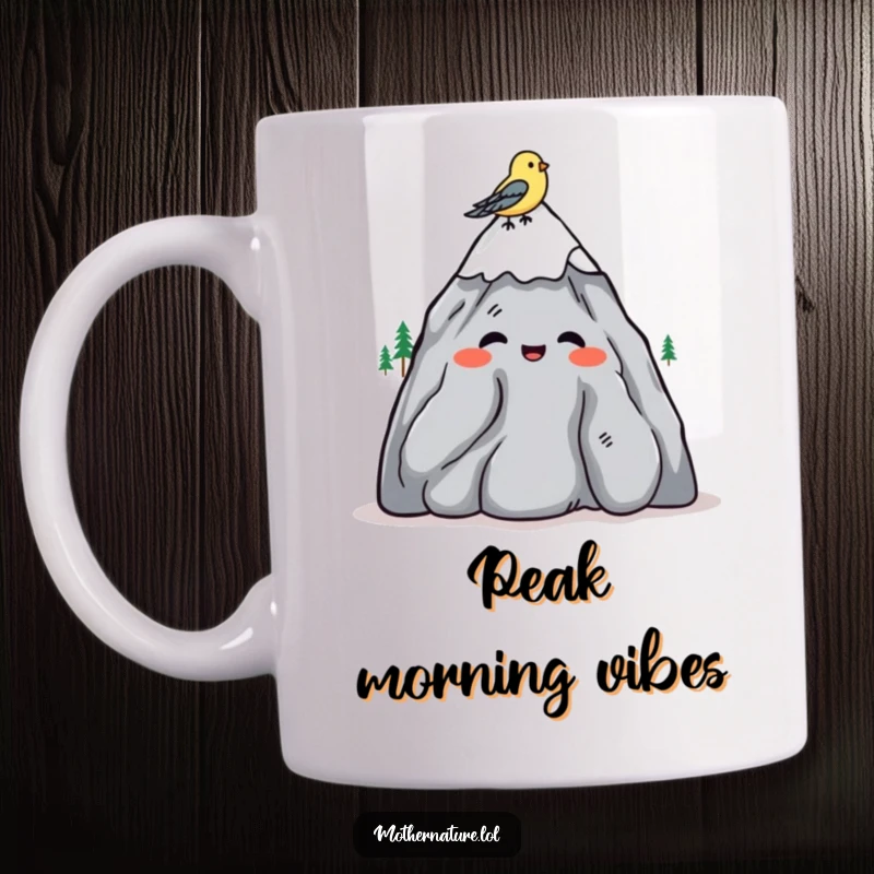 Funny mug featuring a friendly mountain character shrugging amiably with a small bird perched on its head.