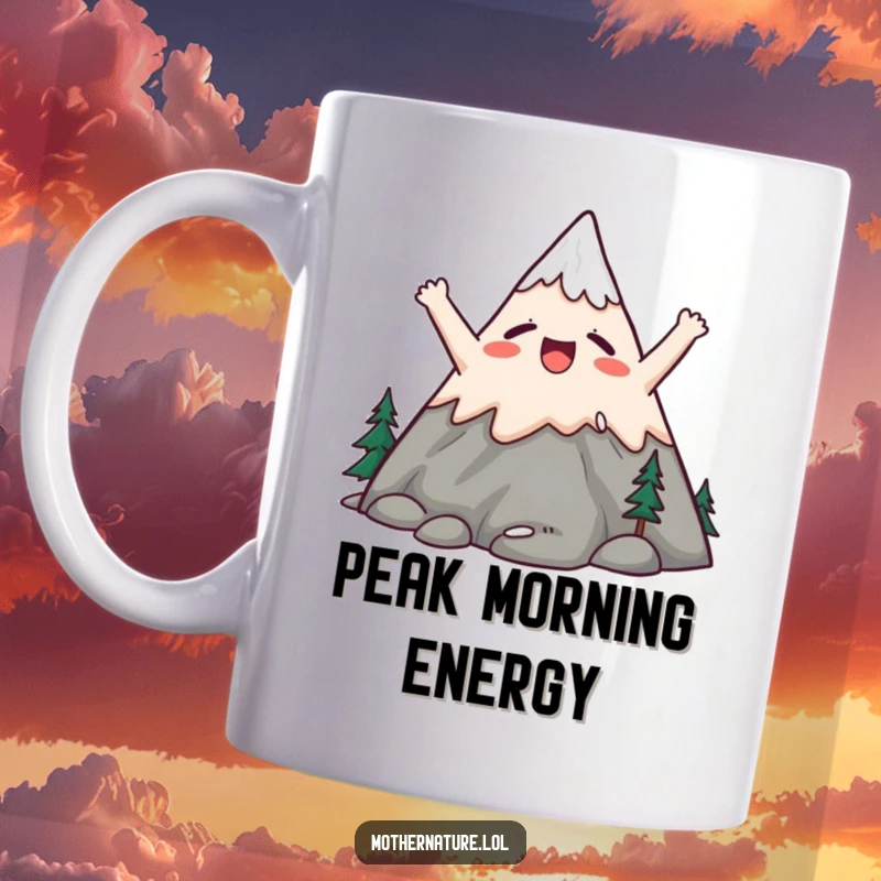 Funny mug showing a cute mountain character stretching its peaks upwards in a big, satisfied yawn, embodying morning contentment.